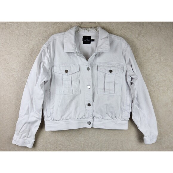 Volcom Women's Cropped White Denim Jacket Size L 10 - Picture 3 of 4